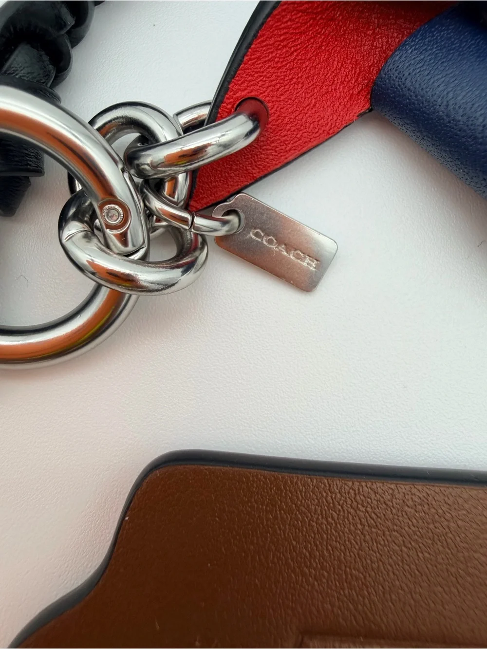 COACH Charm Hangtag Red & Navy Pinwheel Leather Keychain Charm